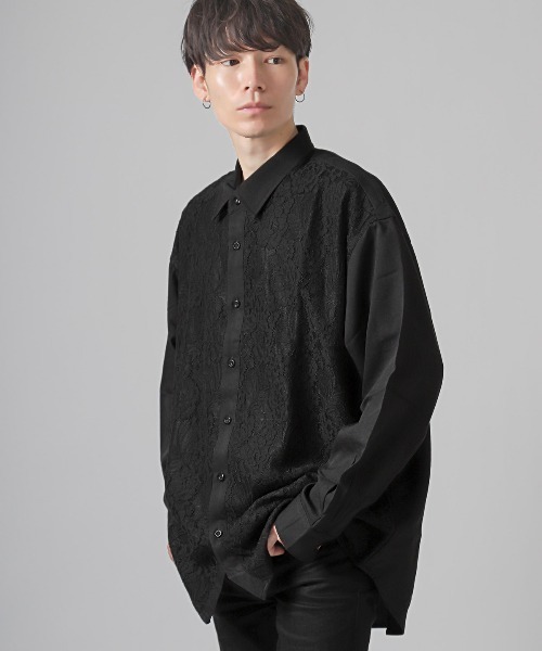 LUXSTYLE(ラグスタイル)の「レース貼り付けビッグシルエット長袖シャツ(シャツ/ブラウス・メンズ・ホワイト/ブラック・FREE)」の7枚目の写真