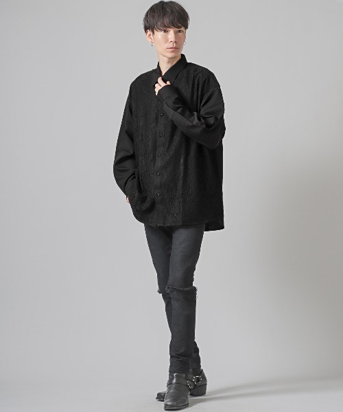 LUXSTYLE(ラグスタイル)の「レース貼り付けビッグシルエット長袖シャツ(シャツ/ブラウス・メンズ・ホワイト/ブラック・FREE)」の8枚目の写真