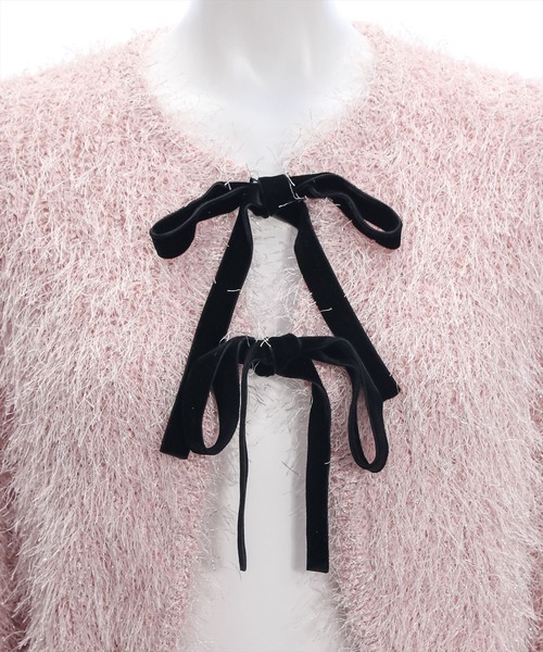 clear（クリア）の「フェザーベロアリボンニットカーディガン [着回し力抜群 ガーリー 着心地抜群]≪再入荷≫（カーディガン/ボレロ・レディース・ピンク/グレー・F）」の10枚目の写真