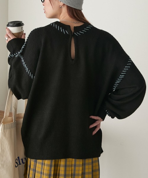 BONLECILL（ボンルシール）の「2WAYブランケットステッチニットプルオーバー（ニット/セーター・レディース・アイボリー/ブラック/杢グレー・FREE）」の3枚目の写真