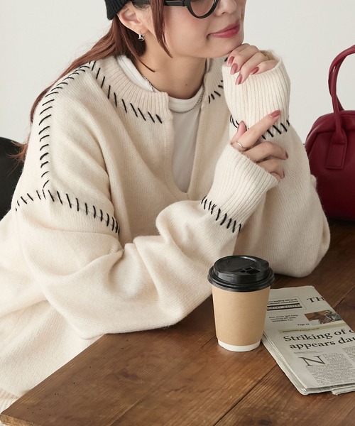 BONLECILL（ボンルシール）の「2WAYブランケットステッチニットプルオーバー（ニット/セーター・レディース・アイボリー/ブラック/杢グレー・FREE）」の5枚目の写真
