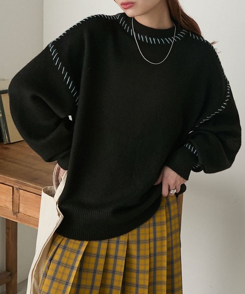 BONLECILL（ボンルシール）の「2WAYブランケットステッチニットプルオーバー（ニット/セーター・レディース・アイボリー/ブラック/杢グレー・FREE）」の8枚目の写真