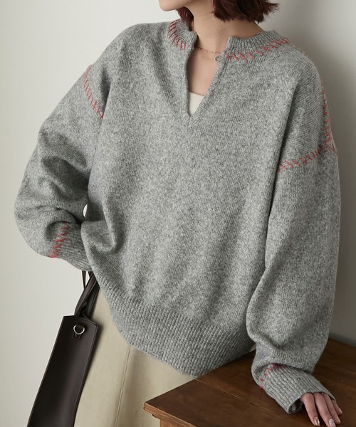 BONLECILL（ボンルシール）の「2WAYブランケットステッチニットプルオーバー（ニット/セーター・レディース・アイボリー/ブラック/杢グレー・FREE）」の18枚目の写真
