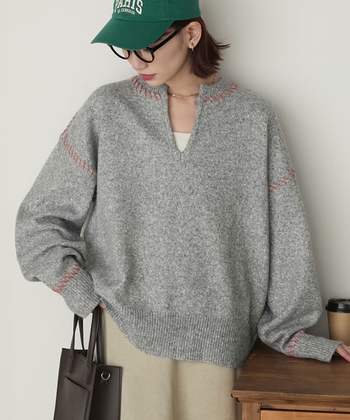 BONLECILL（ボンルシール）の「2WAYブランケットステッチニットプルオーバー（ニット/セーター・レディース・アイボリー/ブラック/杢グレー・FREE）」の17枚目の写真