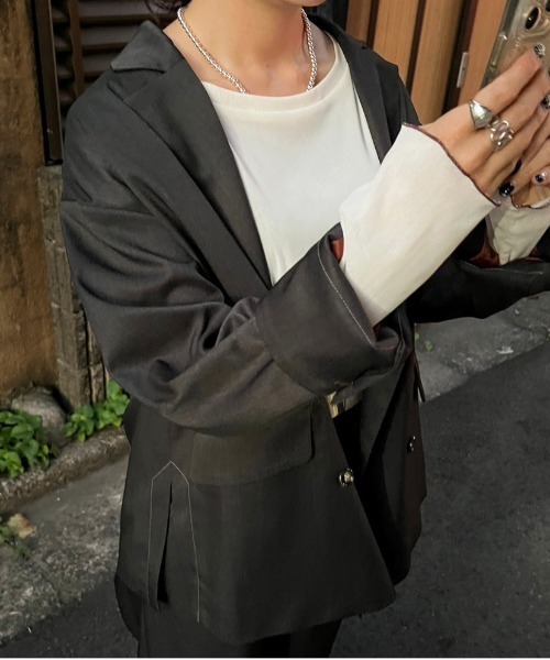 DOUBLE NAME（ダブルネーム）の「ダブルボタンゆるジャケット/ユニセックス（テーラードジャケット・レディース・ブラック/グリーン/ネイビー・FREE）」の2枚目の写真