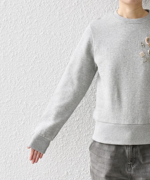 SHIPS any:〈手洗い可能〉裏起毛 ビジュー クルーネック コンパクト