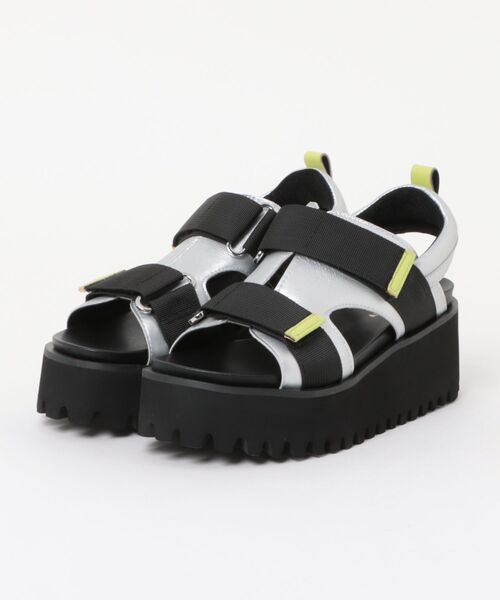 本革/厚底/6cm】キャタピラーソール ベルクロサンダル ALL BLACK