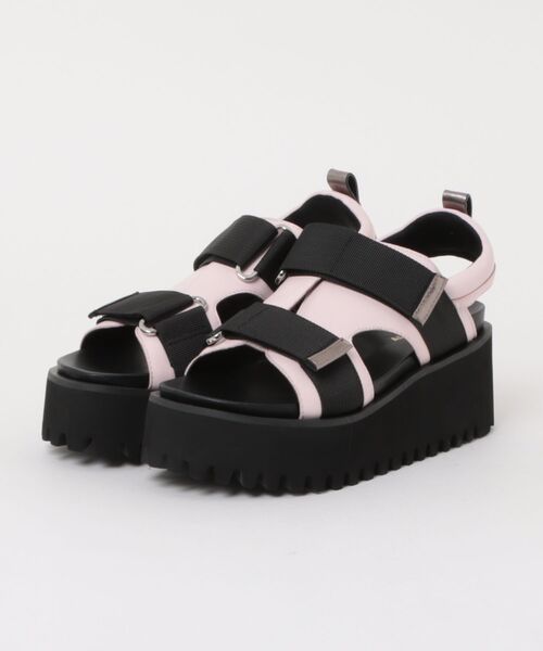 本革/厚底/6cm】キャタピラーソール ベルクロサンダル ALL BLACK