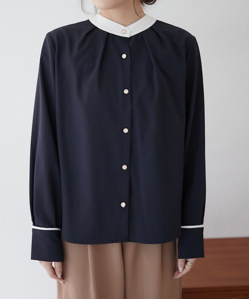 Another Branch olive des olive(アナザーブランチオリーブデオリーブ)の「配色2WAYブラウス(シャツ/ブラウス・レディース・ネイビー/ミント/ブルーグレー/アイボリー/オフホワイト・FREE)」の6枚目の写真