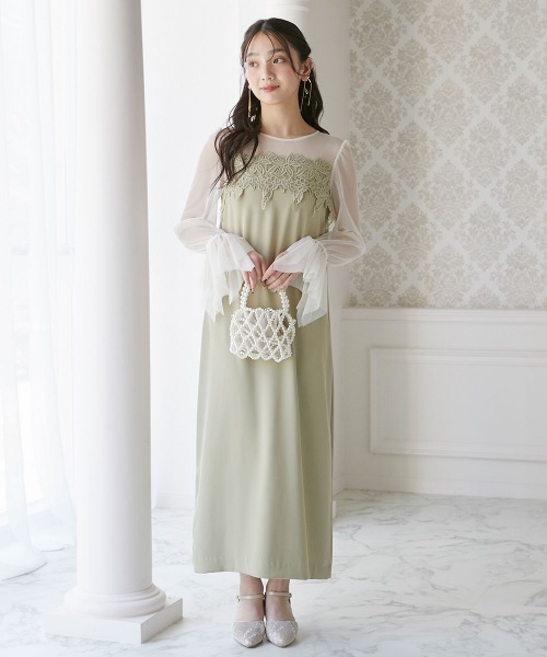 Jolie et Jolie(ジョリーエジョリー)の「ケミカルレース変形ベルスリーブIラインドレス(ドレス・レディース・グリーン/キャメル/アイボリー・M/L)」の1枚目の写真