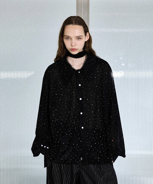 Rhinestone velours sheer shirt / ラインストーンベロアシアー