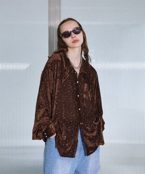 Rhinestone velours sheer shirt / ラインストーンベロアシアーシャツ