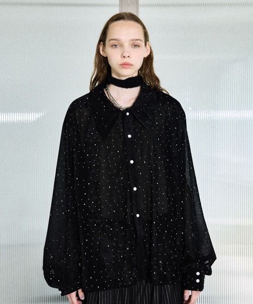 Rhinestone velours sheer shirt / ラインストーンベロアシアー