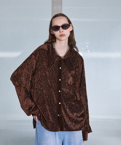 seyto サイズ2 / ラインストーンベロアシアーシャツ シャツ Rhinestone velours sheer shirt / ラインストーンベロア