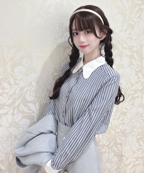 F i.n.t（フィント）の「ラビットカラーストライプシャツ/fint　フィント（シャツ/ブラウス・レディース・ホワイト×グリーン/ホワイト×ブルー・FREE）」の2枚目の写真