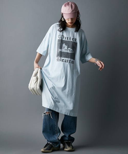 GEVS.（ジェイヴィス）の「綿100％Tシャツワンピース＜大きいサイズ有＞GEVS.（ワンピース・レディース・ベージュ系/サックスブルー・M/L/LL/3L/4L/5L）」の4枚目の写真