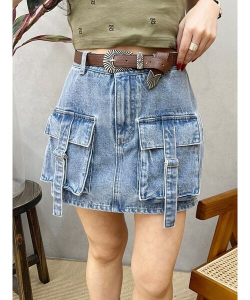 EVRIS（エヴリス）の「カーゴベルトデニムミニスカート（デニムスカート・レディース・ブルー/ブラック・MEDIUM/SMALL）」の10枚目の写真