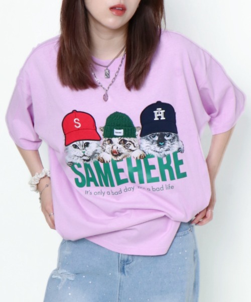 セール】帽子ネコプリントTシャツ／ルーズ×フォトデザイン（T
