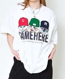 帽子ネコプリントTシャツ/ルーズ×フォトデザイン