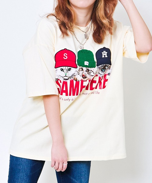 セール】帽子ネコプリントTシャツ／ルーズ×フォトデザイン（T