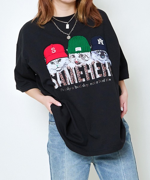 GORGE(ゴージ)の「帽子ネコプリントTシャツ/ルーズ×フォトデザイン(Tシャツ/カットソー・レディース・オフホワイト/ブルー/ブラック/イエロー/ラベンダー・F)」の11枚目の写真