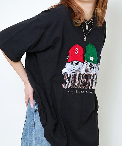 GORGE(ゴージ)の「帽子ネコプリントTシャツ/ルーズ×フォトデザイン(Tシャツ/カットソー・レディース・オフホワイト/ブルー/ブラック/イエロー/ラベンダー・F)」の12枚目の写真