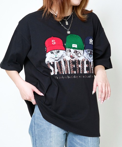 GORGE(ゴージ)の「帽子ネコプリントTシャツ/ルーズ×フォトデザイン(Tシャツ/カットソー・レディース・オフホワイト/ブルー/ブラック/イエロー/ラベンダー・F)」の13枚目の写真