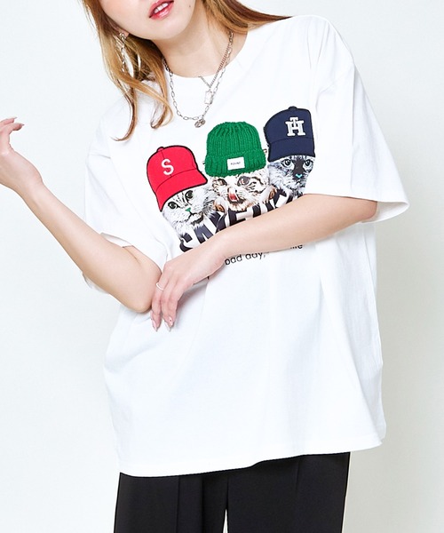 GORGE(ゴージ)の「帽子ネコプリントTシャツ/ルーズ×フォトデザイン(Tシャツ/カットソー・レディース・オフホワイト/ブルー/ブラック/イエロー/ラベンダー・F)」の15枚目の写真