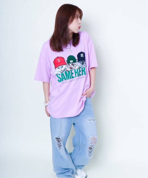 セール】帽子ネコプリントTシャツ／ルーズ×フォトデザイン（T