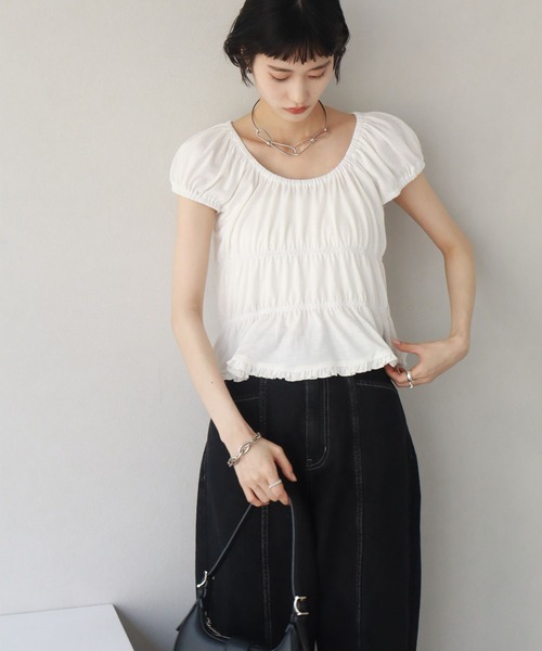 NOGLE（ノグル）の「【NOGLE/ノグル】ギャザーシャーリングフリルトップス（Tシャツ/カットソー・レディース・ホワイト/ブラック・FREE）」の6枚目の写真