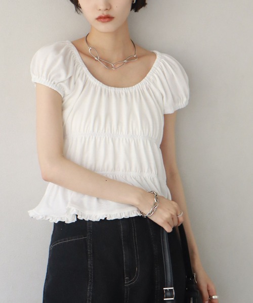 NOGLE（ノグル）の「【NOGLE/ノグル】ギャザーシャーリングフリルトップス（Tシャツ/カットソー・レディース・ホワイト/ブラック・FREE）」の7枚目の写真