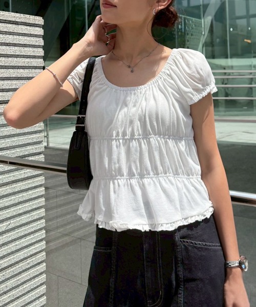 NOGLE（ノグル）の「【NOGLE/ノグル】ギャザーシャーリングフリルトップス（Tシャツ/カットソー・レディース・ホワイト/ブラック・FREE）」の21枚目の写真