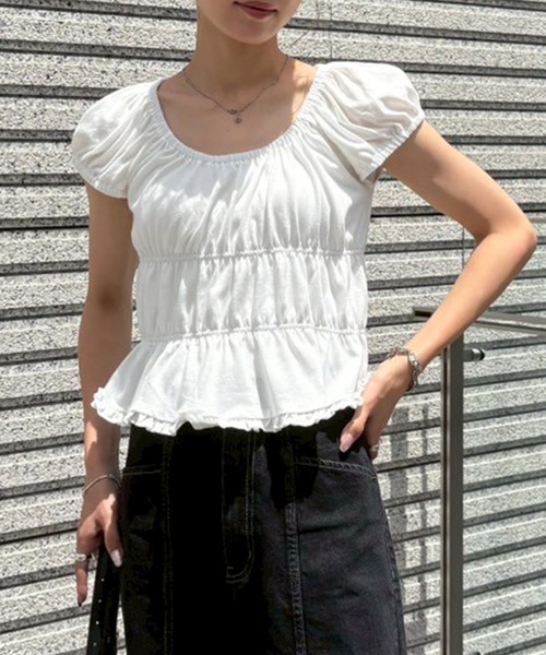 NOGLE（ノグル）の「【NOGLE/ノグル】ギャザーシャーリングフリルトップス（Tシャツ/カットソー・レディース・ホワイト/ブラック・FREE）」の19枚目の写真