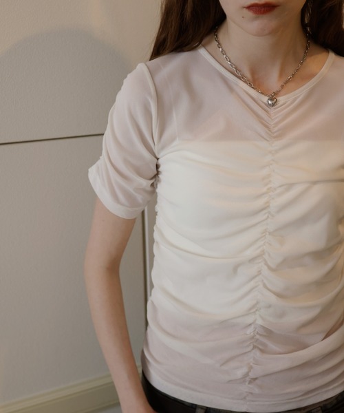 セール】ギャザー半袖シアートップス（Tシャツ/カットソー