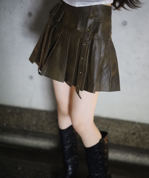 3サイズ展開 / レディース 》ベルト レザープリーツスカート（スカート