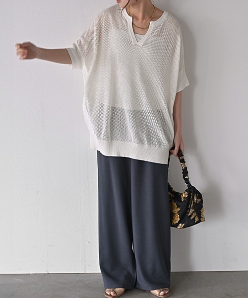 HUG.U(ハグユー)の「透かし編みニットTシャツ(ニット/セーター・レディース・ホワイト/ベージュ/ライトブルー/ブラック/キャメル・FREE)」の19枚目の写真