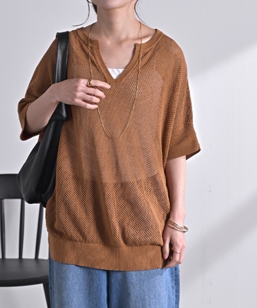 HUG.U(ハグユー)の「透かし編みニットTシャツ(ニット/セーター・レディース・ホワイト/ベージュ/ライトブルー/ブラック/キャメル・FREE)」の14枚目の写真