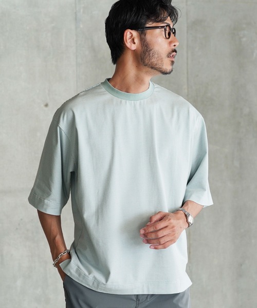 jiggys shop(ジギーズショップ)の「ピグメント加工 マイクロボーダー クルーネック 5分袖Tシャツ カットソー(Tシャツ/カットソー・メンズ・ライトグリーン/ブラック/グレー・MEDIUM/X-LARGE/LARGE)」の3枚目の写真