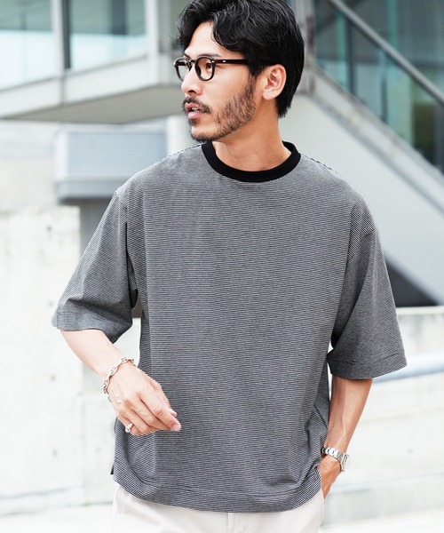 jiggys shop(ジギーズショップ)の「ピグメント加工 マイクロボーダー クルーネック 5分袖Tシャツ カットソー(Tシャツ/カットソー・メンズ・ライトグリーン/ブラック/グレー・MEDIUM/X-LARGE/LARGE)」の2枚目の写真
