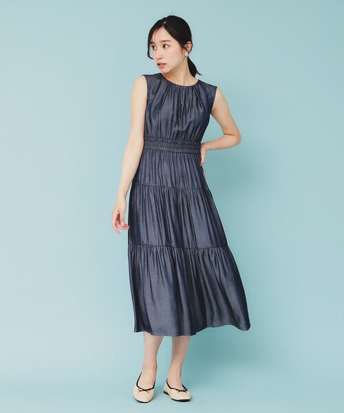 【美品✨】定価38,000円❤️ ROPÉ✨サイズ38✨洗える ワンピース セール】シャンブレーティアードロングワンピース【洗濯機洗い可