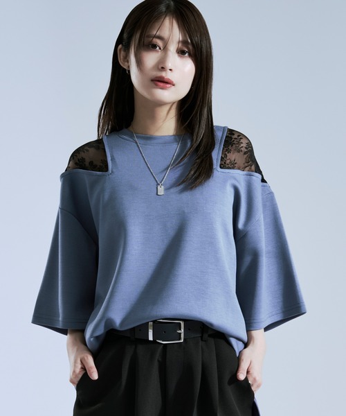 Ellno Loset(エルノロゼット)の「ショルダーレースカットアウトTシャツ(Tシャツ/カットソー・メンズ・ブラック/オフホワイト/ブルー系その他・LARGE/MEDIUM/SMALL)」の3枚目の写真