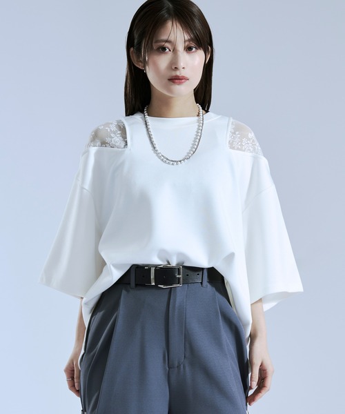 Ellno Loset(エルノロゼット)の「ショルダーレースカットアウトTシャツ(Tシャツ/カットソー・メンズ・ブラック/オフホワイト/ブルー系その他・LARGE/MEDIUM/SMALL)」の4枚目の写真