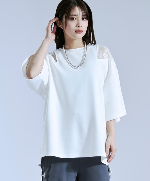 Ellno Loset(エルノロゼット)の「ショルダーレースカットアウトTシャツ(Tシャツ/カットソー・メンズ・ブラック/オフホワイト/ブルー系その他・LARGE/MEDIUM/SMALL)」の7枚目の写真