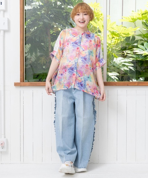 scolar スカラー　152650：花クラゲ柄レース切替シャツ 152650：花クラゲ柄レース切替シャツ（シャツ/ブラウス