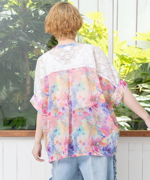新品　スカラー　花クラゲ柄レース切替シャツ　シフォンシャツ　Ｍ スカラー ScoLar 花クラゲ柄レース切替シャツ(508244834