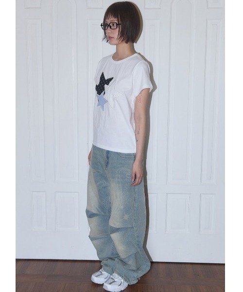 FANCY CLUB（ファンシークラブ）の「A'GEM/9 × .kom 『FANCY CLUB/ファンシークラブ』 Mix Star Angel Patch Tee/ミックススター エンジェルパッチ TEE（Tシャツ/カットソー・レディース・ホワイト/ブラック・M）」の10枚目の写真