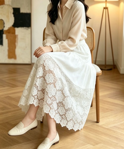 gossip！ロサンゼルス（ゴシップロサンゼルス）の「小花柄シアーレース サマームードエレガントスカート（スカート・レディース・オフホワイト/ホワイト・M/L）」の2枚目の写真