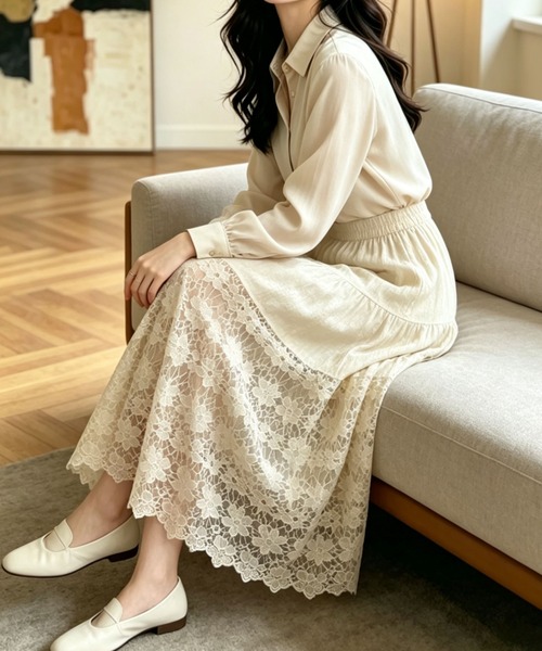 gossip！ロサンゼルス（ゴシップロサンゼルス）の「小花柄シアーレース サマームードエレガントスカート（スカート・レディース・オフホワイト/ホワイト・M/L）」の9枚目の写真