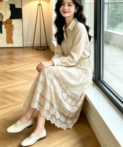 gossip！ロサンゼルス（ゴシップロサンゼルス）の「小花柄シアーレース サマームードエレガントスカート（スカート・レディース・オフホワイト/ホワイト・M/L）」の7枚目の写真