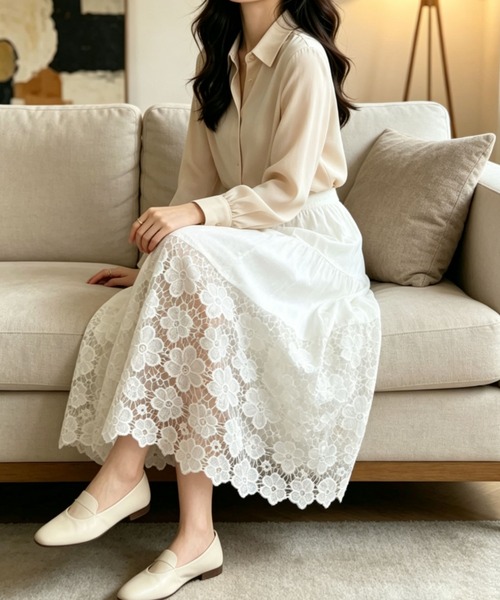 gossip！ロサンゼルス（ゴシップロサンゼルス）の「小花柄シアーレース サマームードエレガントスカート（スカート・レディース・オフホワイト/ホワイト・M/L）」の13枚目の写真